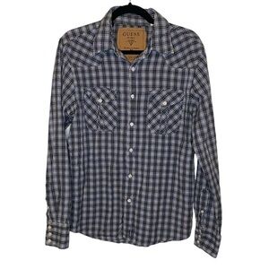 Guess Plaid Western Black Blue Green Button Up Cotton Shirt Long Sleeve